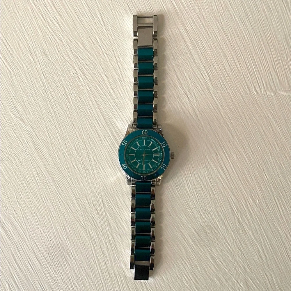 Anne Klein Teal Blue Dial & Enamel Link Silver Tone Sport Bracelet Watch